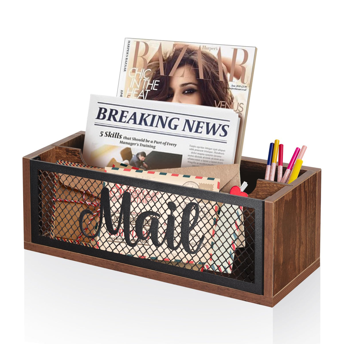 BOTOP Mail Organizer,Mail Holder with 2 Slots, Wood Mail Basket Mail Sorter for Wall Table Countertop, Bill Envelope Letter Holder for Home Office