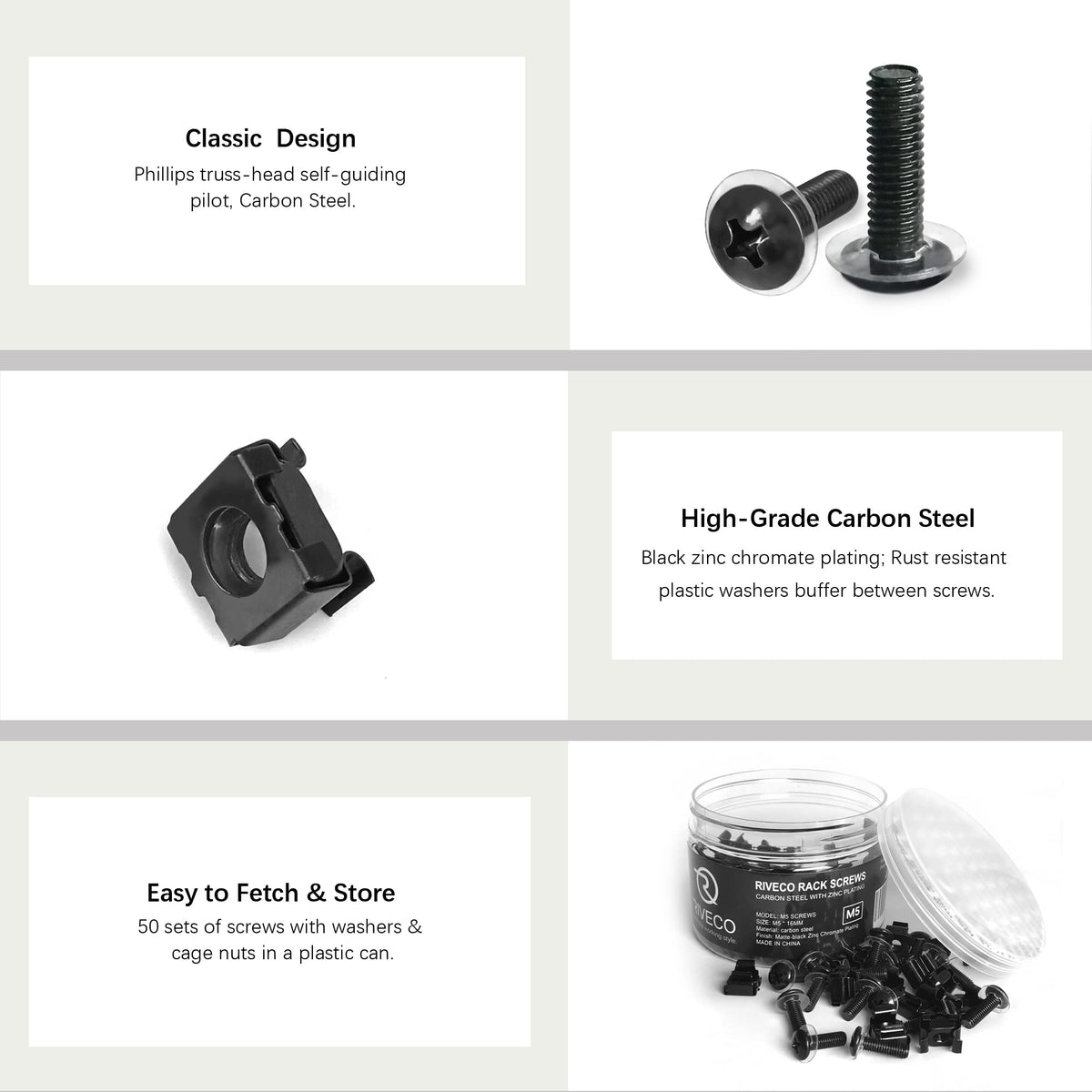 RIVECO M5 Rack Screws & Cage Nuts for Server Cabinets & Racks Mounting Network Equipment Clip Nuts 50 Sets Black