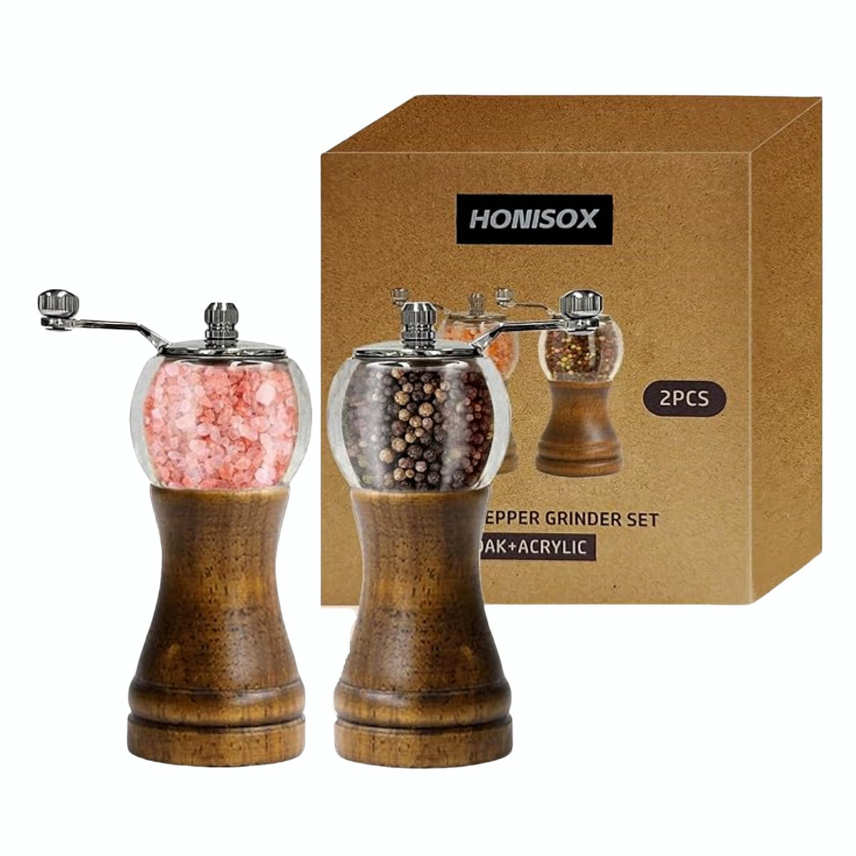 Salt and Pepper Grinder Set Manual Pepper Mill Refillable with Stainless Steel Handle Adjustable Coarseness Ceramic Core, Enjoy Best Fresh Pepper Salt Spices (Seasoning Not Included)