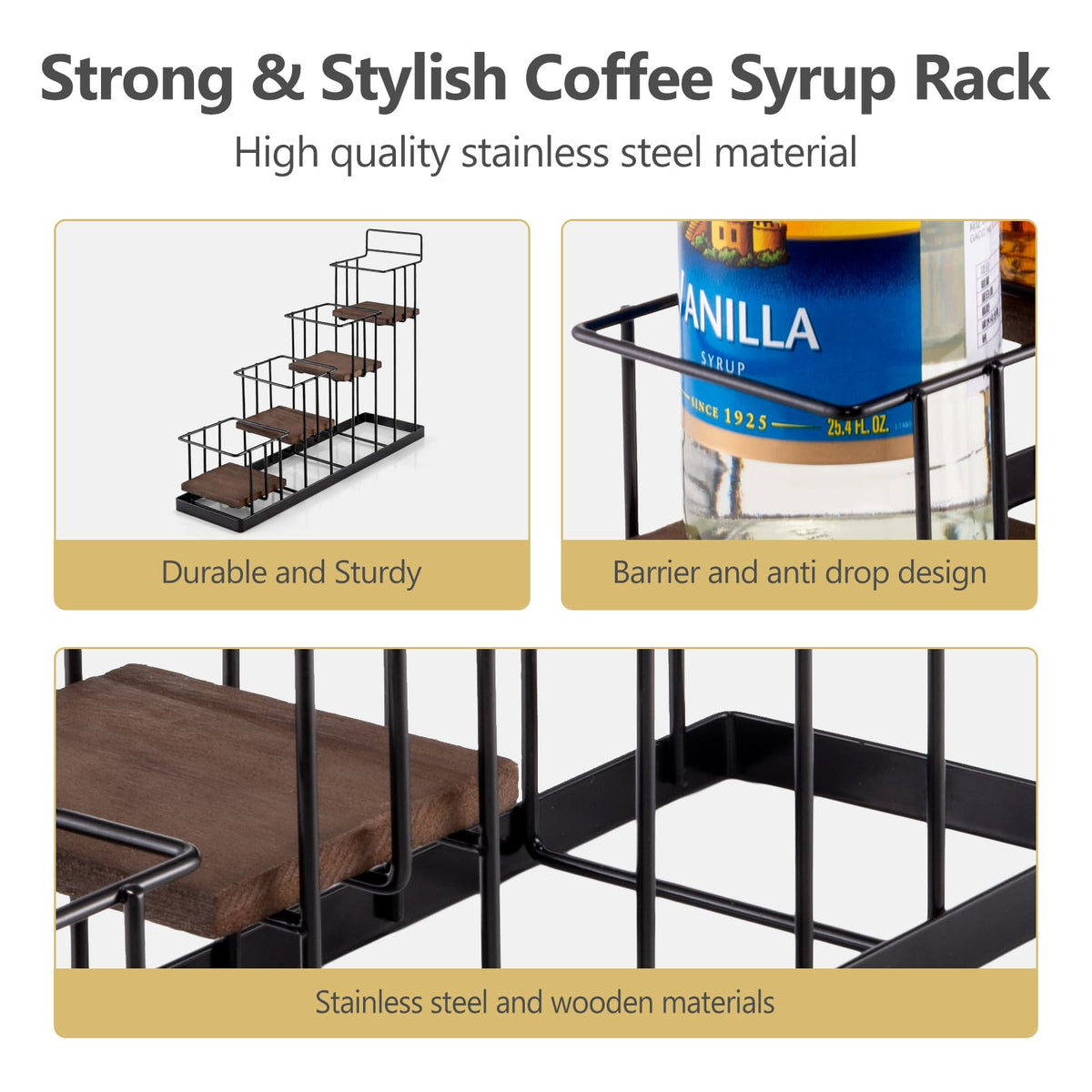 Coffee Syrup Rack Organizer, with Rustic Wood Holder Coffee Station Bar Accessory for Syrup, Wine, Dressing Bottle Countertop Display Storage Stand for Kitchen with Basket and Hooks Holds 4 Bottles