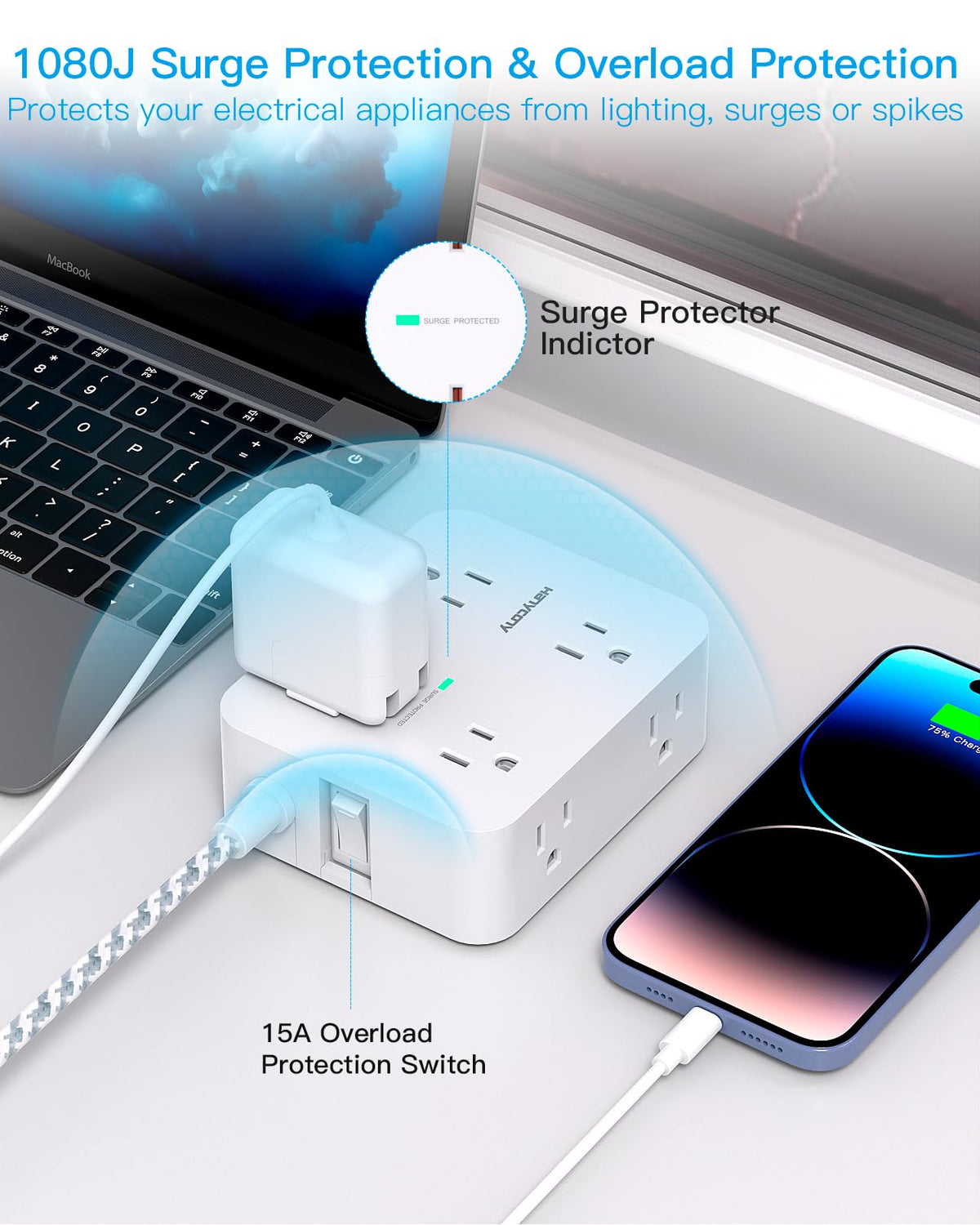 10 Ft Surge Protector Power Strip, HANYCONY Extension Cord with 8 AC Outlets 4 USB (2 USB C) Ports, Flat Plug, Wall Mount Desk USB Charging Station for Home