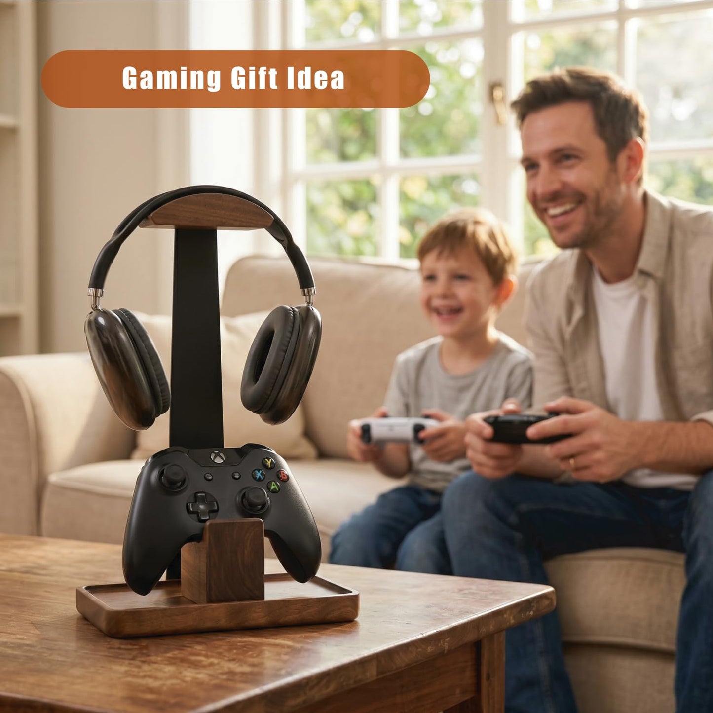 Damuzhi Headphone Stand with Gaming Controller Holder, Walnut Wood Headphone Stand with Gifts for Gamers, Gaming Accessories for Desk