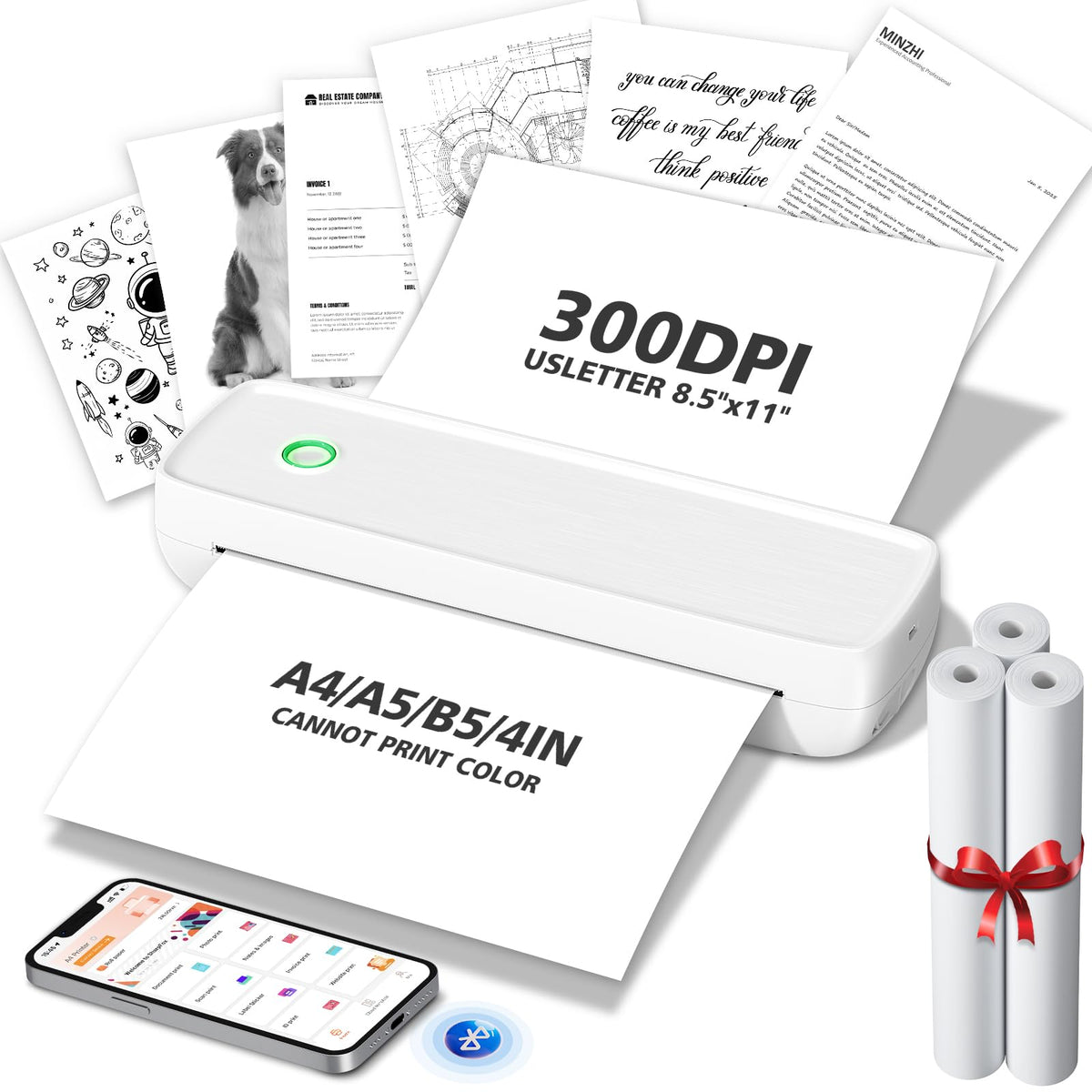 MinZhi Inkless Portable Printer for Travel, Wireless Printer Supports 8.5 x 11 Inch Thermal Paper, Bluetooth Machine Includes 3 Rolls of Thermal Paper Set