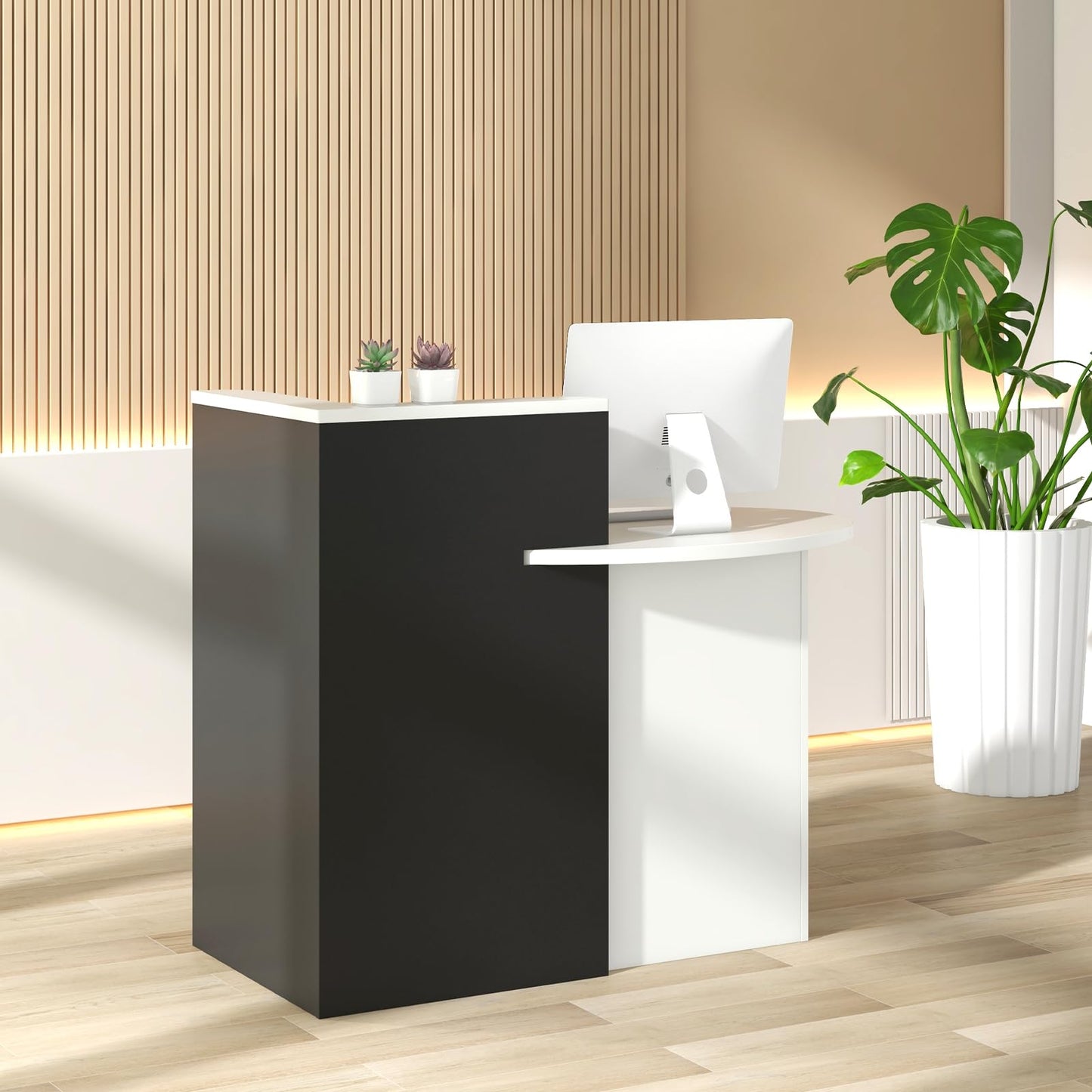 Giantex Reception Desk, Front Counter Desk with Lockable Drawer, Retail Counter Checkout Table with Round Tabletop, Corner Shelf & Adjustable Shelf for Office Beauty Salon Retail Store (Black)