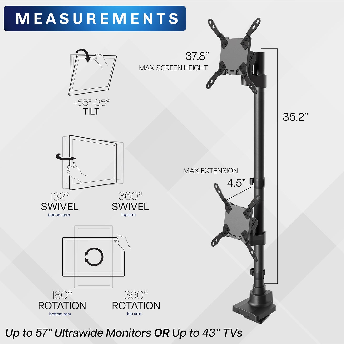 VIVO Dual Vertically Stacked Ultra-Wide Monitor Desk Mount for up to 57 inch Screens, Heavy Duty Adjustable Stand for 2 Ultrawides, 59.4 lbs Capacity, Black, STAND-V257R