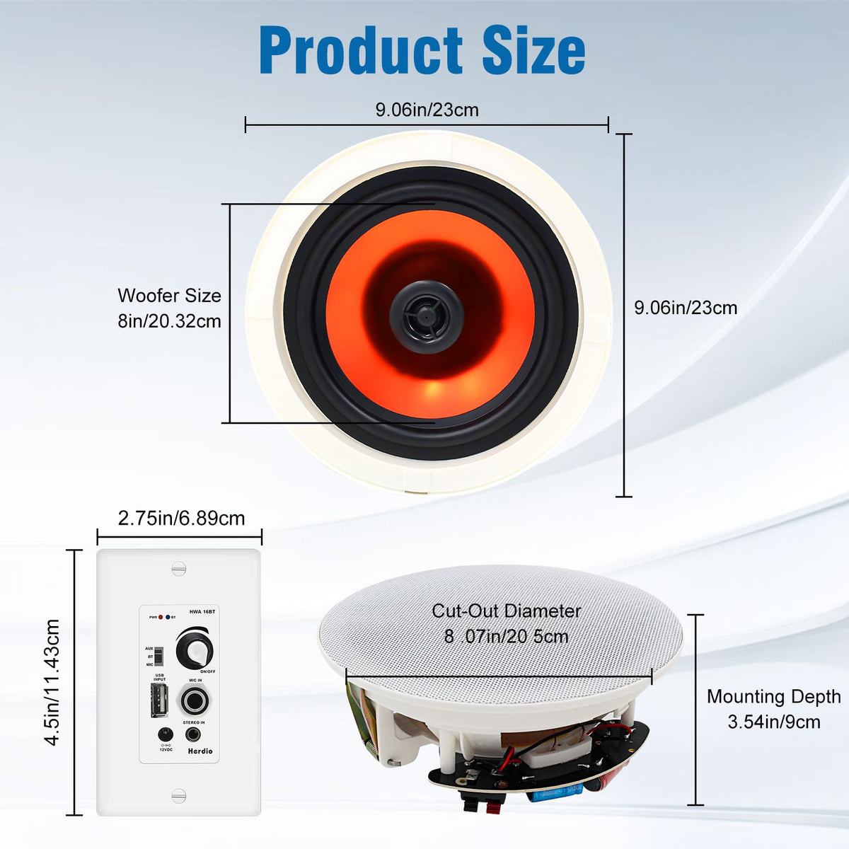 Herdio 8'' Bluetooth in Wall in Ceiling Speakers 800W 2-Way Flush Mount Speakers System with Wall Amplifier Receiver for Home Theater Office (2 Pairs, Paintable-Grille)