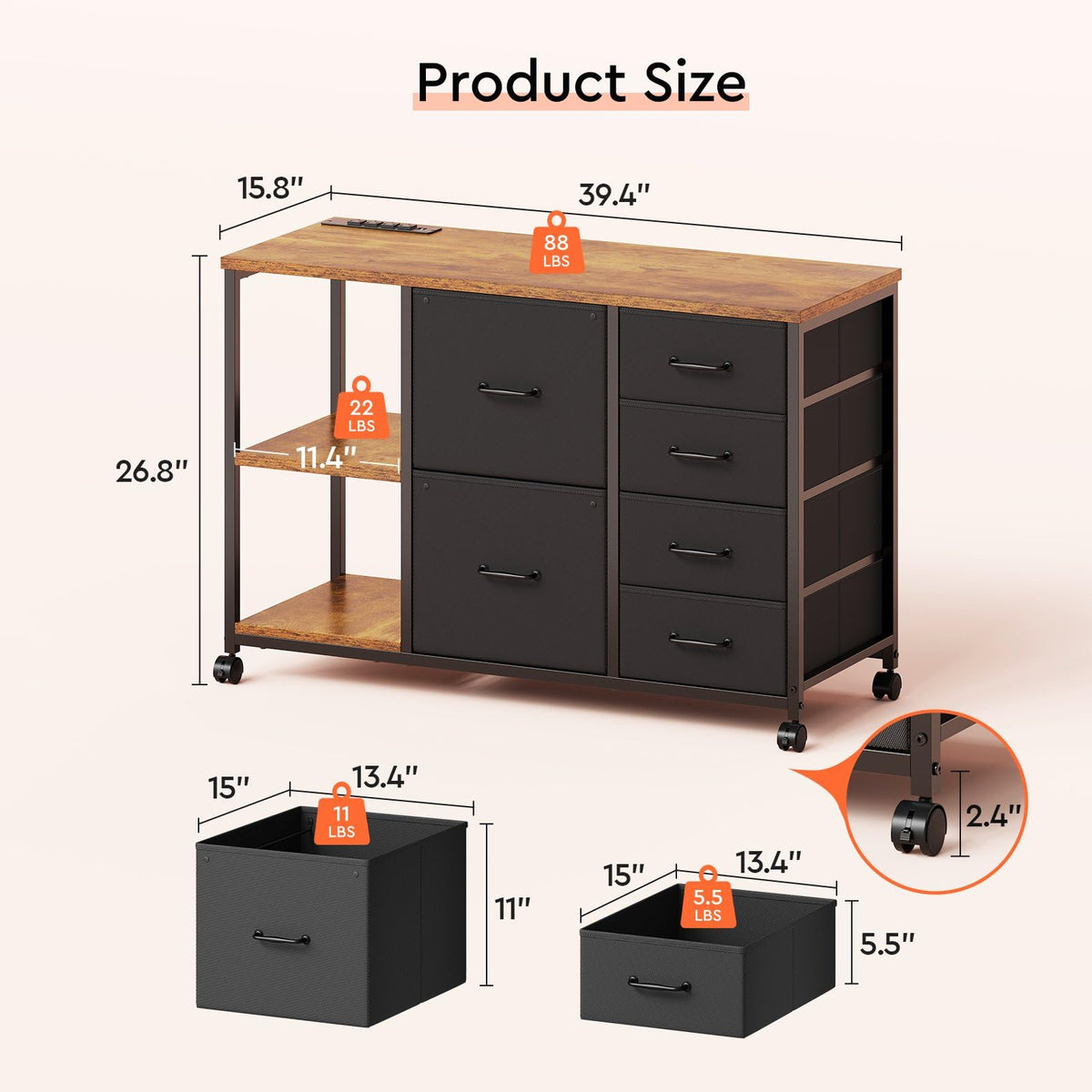 Maihail 6 Drawer File Cabinet with Charging Station Rolling Printer Stand with Open Storage Shelf Fabric Lateral Filing Cabinet for Home Office,Rustic Brown