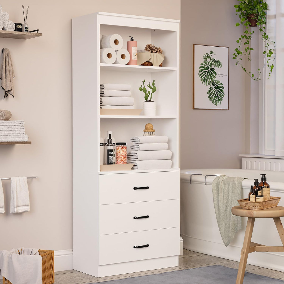 OneBlis 70" H Bookshelf with Drawers, Tall Bookcase with 3-Tier Open Shelves, Bookshelf and Bookcase with Storage Cabinet for Home Office,Living Room(White, 6-Tier)