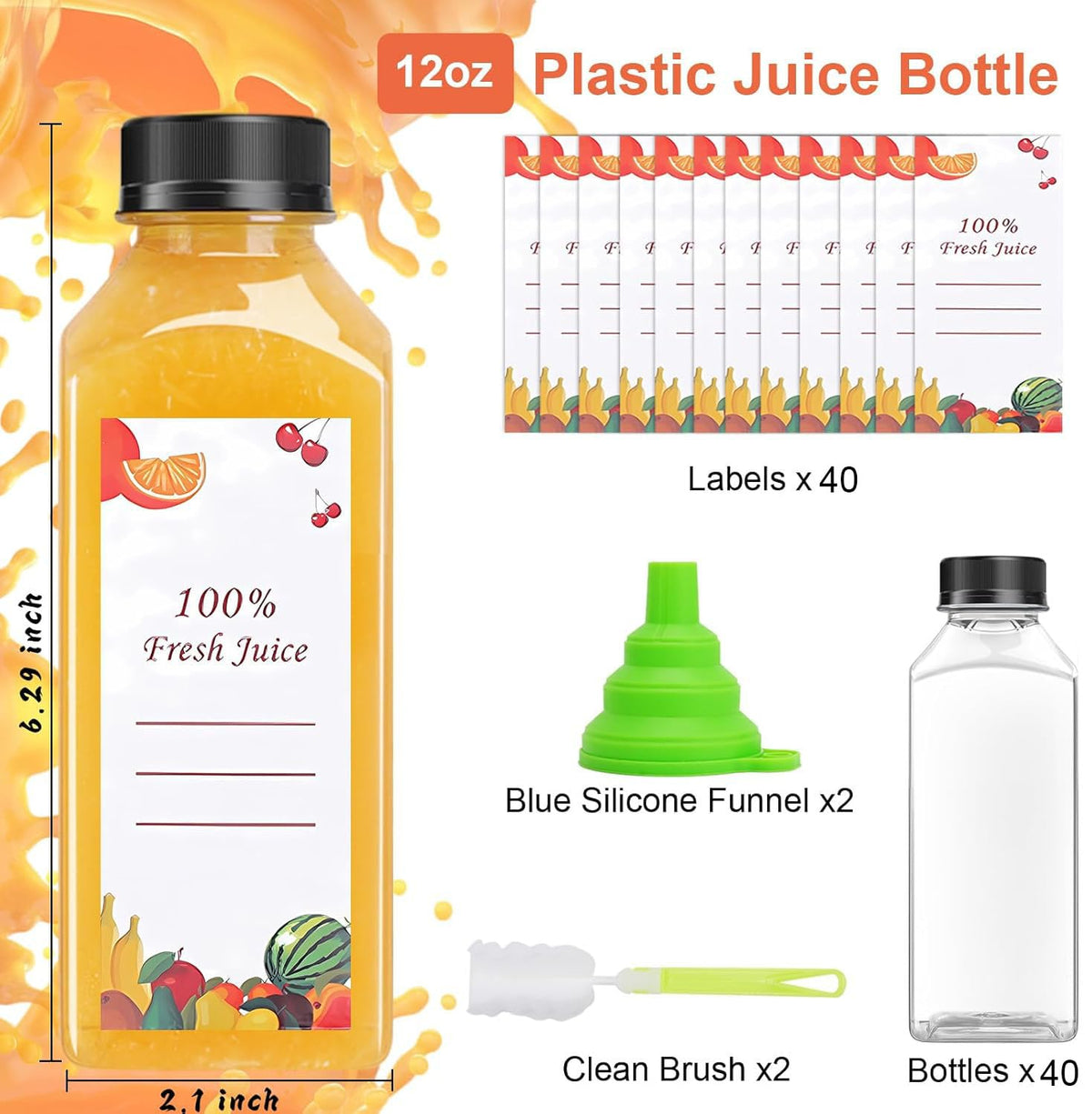 OBKJJ 40 pcs 12oz Pcs Juice Bottles, Juice Bottle with Caps Reusable Empty Clear Bottles with Label, Funnel, Brush Bulk Beverage Containers for Juicing, Drinking, Smoothie and Other Beverages (12-OZ)