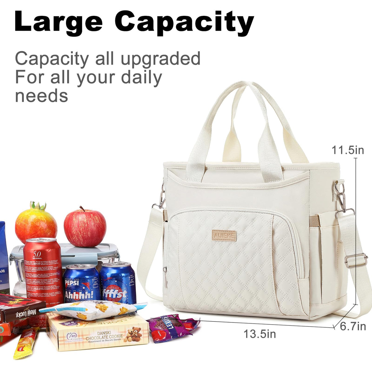 AIJIEKE Extra Large Lunch Bag for Women & Men, Insulated Leakproof Lunch Box for Work, Reusable Adult Lunch Tote with Shoulder Strap, Multi-Pocket Cooler Bag for Office, Picnic, Beach, Beige