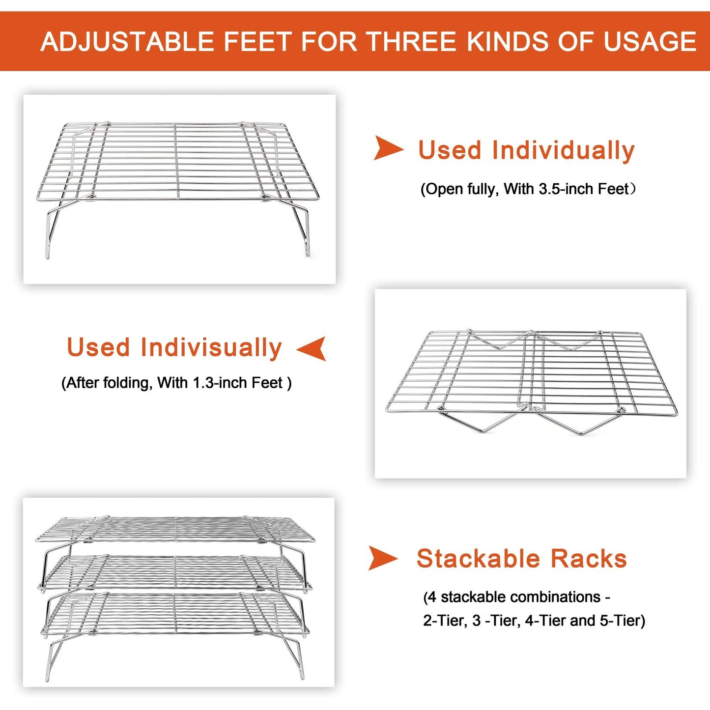 P&P CHEF Cooling Rack, 5-Tier Stainless Steel Stackable Baking Cooking Racks for Cooling Roasting Grilling, Collapsible & Heavy Duty, Oven Safe & Easy Clean, 15" x 10", Silver