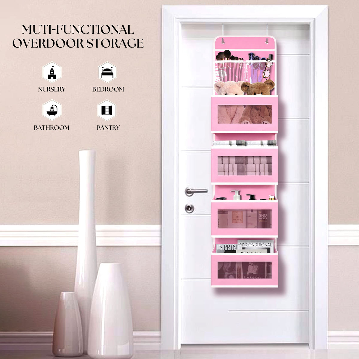 Giraffe Creation Over Door Organizer with 4 Large Capacity Pockets, Hanging Organizer Storage for Closet Bathroom Nursery Bedroom Dorm, Toys Cosmetics Sundries and Baby Essentials, Pink