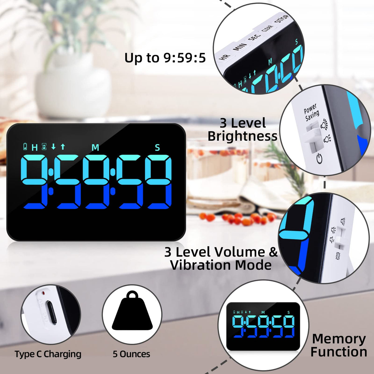 PERSUPER Kitchen Digital Timer, Count Down Up, Rechargeable, Vibration Mode Adjustable Volume and Brightness LED Display, Time Management Cook, Desk, Kids Adults Study Teaching, Kitchen Gadgets Blue