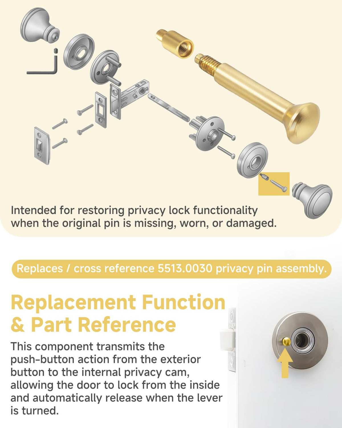 5513.0030 Privacy Pin Replacement Compatible with Baldwin Estate Lever Privacy Latch Door Lock Threaded Push Pin with Coupler Polished Brass 1 Set