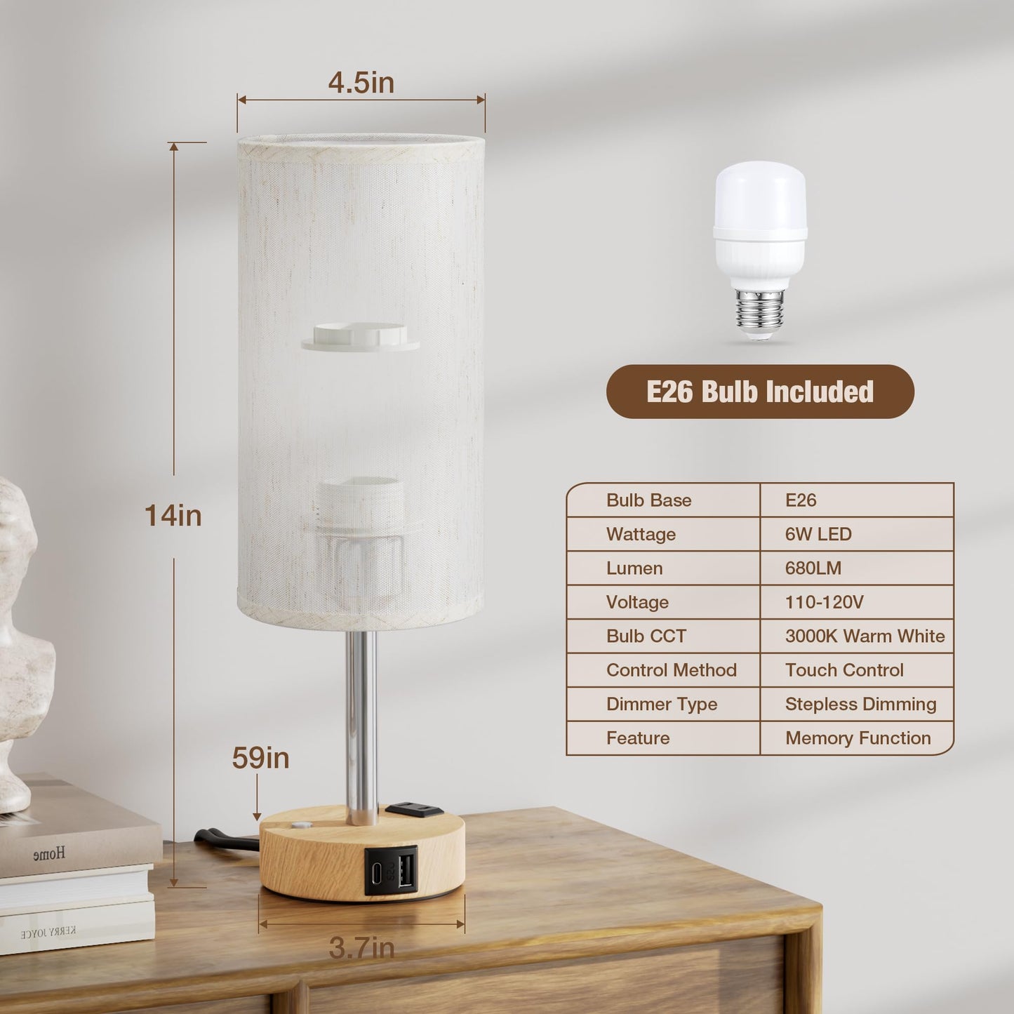Touch Bedside Table Lamp with Memory - Stepless Dimmable Lamp for Bedroom, Small Nightstand Lamp with Dual USB Charging Ports and AC Outlet, Wood Night Light, Deak Lamp for Nursery, Living Room, Dorm