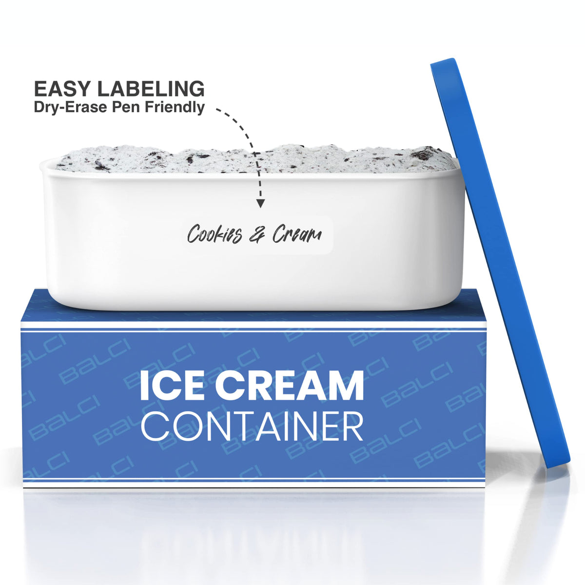 BALCI - Ice Cream Container - 2 Quart - Perfect Reusable Freezer Storage for Homemade Ice Cream Tubs for Sorbet, Frozen Yogurt and Gelato! - Flexible Silicone Lids, Long Scoop, Stackable - Blue