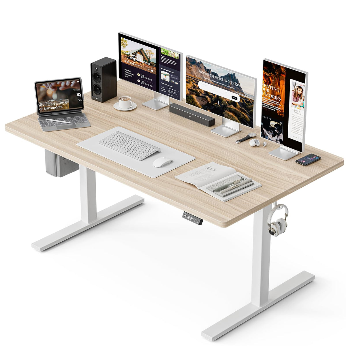 Grandder 55x32 Large Electric Standing Desk, Height Adjustable Computer Desk with 2 Memory Presets, 31.5" Deep Desktop Sit Stand Desk Home Office Desk Workstation Table with Hooks, Light Walnut