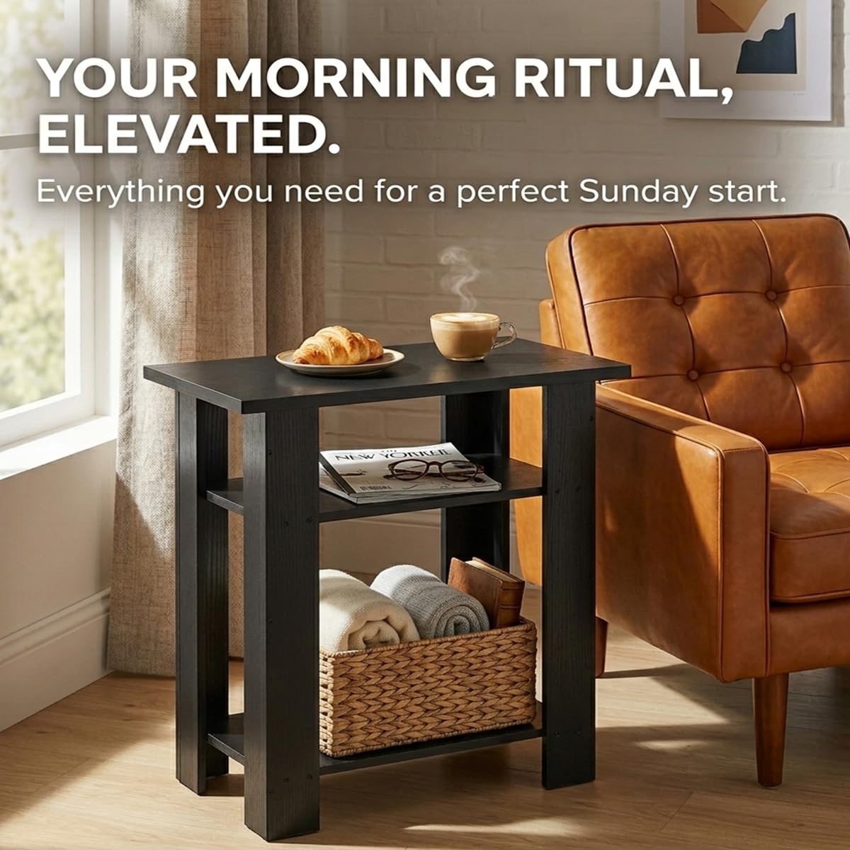 ZEXVIDA Black Side Table, 3 Tier Narrow End Table for Living Room, Modern Wood Nightstand with Storage Shelves, Small Bedside Table for Bedroom, Home Office, Small Spaces, 22.8 Inch High