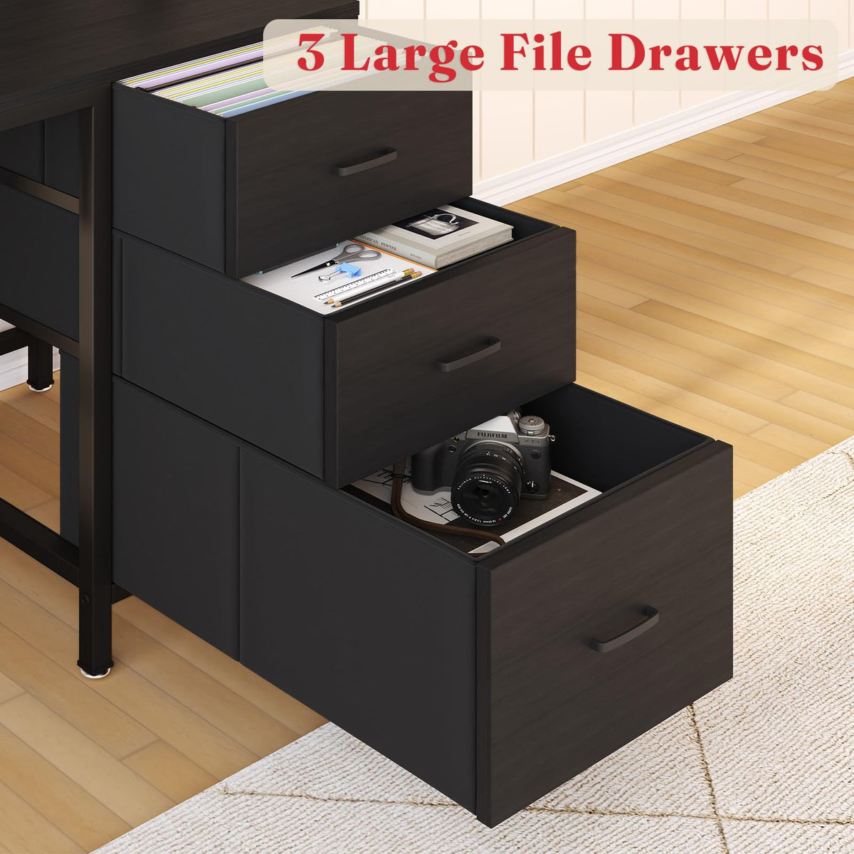 Lazmvlz L-Shaped Computer Desk with Charging Station and Light Strip, Gaming Desk with Pegboard & Storage Shelves, Corner Table with 3 Drawers, Monitor and Computer Tower Stand for Home Office, Black