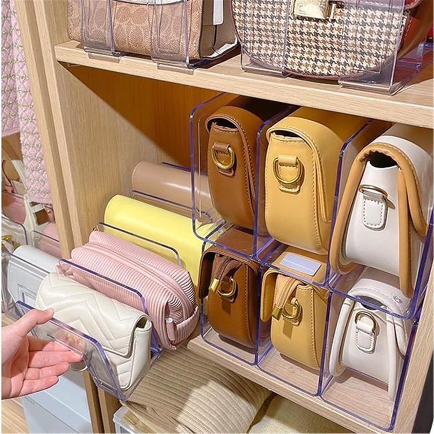 YAGELI Clear Acrylic Purse Organizer for Closet, 3-4 Section Desk File Sorter, 2.95" Wide Slots for Clutches, Handbags, Binders & Folders, Sturdy Stackable Bookshelf Organizer, 4-Pack (3 Sections)