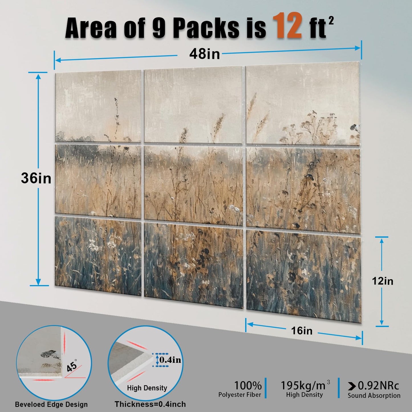 ENSEPST 9 Pack Wall Art Acoustic Panels,48" X 36"Sound Absorbing Panels, Decorative Sound Dampening Panels, Acoustic Treatment for Studio Home and Office （time）