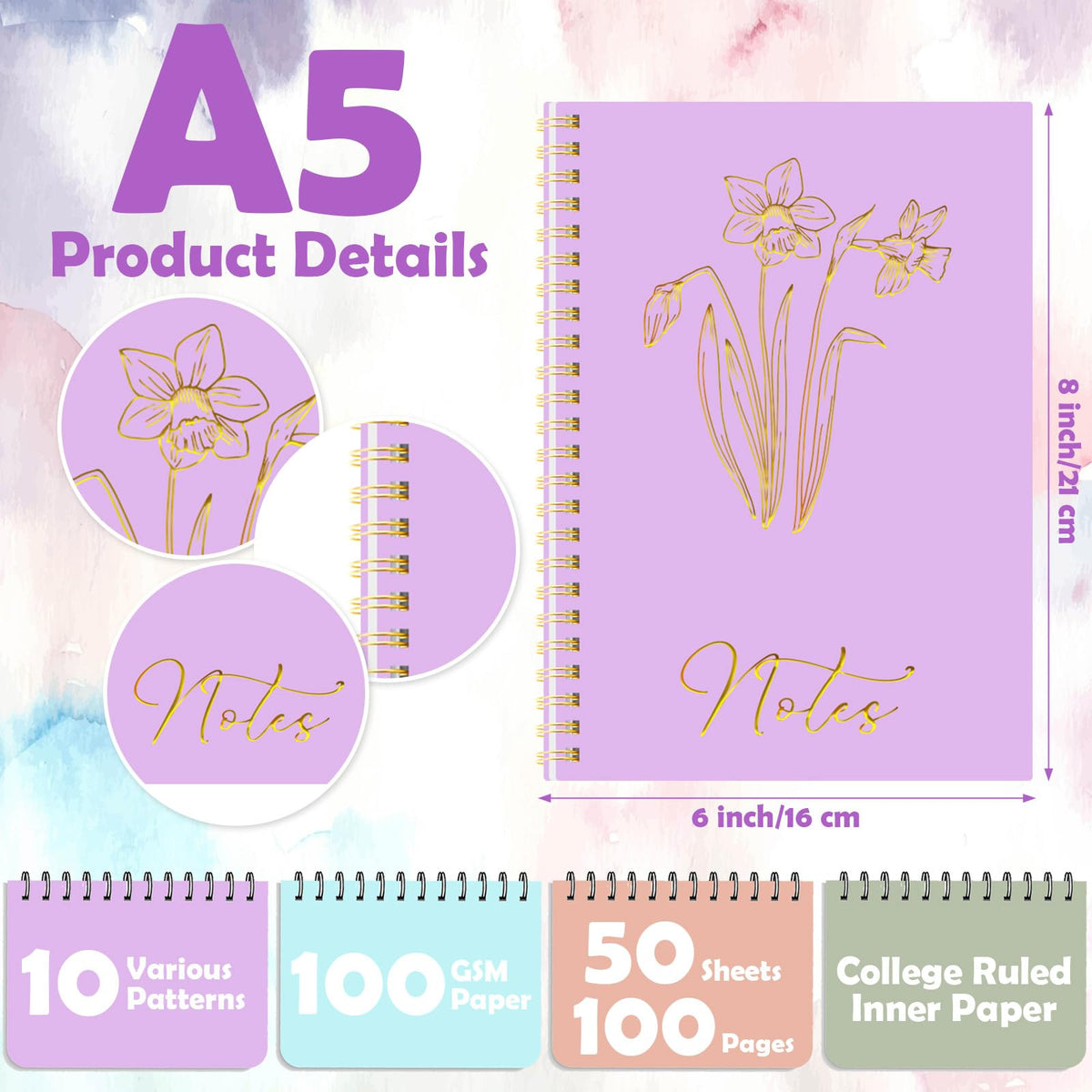 Cholemy 10 Pack Spiral Notebook Aesthetic School Supplies A5 Cute Morandi Pastel Floral Notebook Writing Journals for Student College Ruled Journals 100 Pages/ 50 Sheets for Women Office Gift