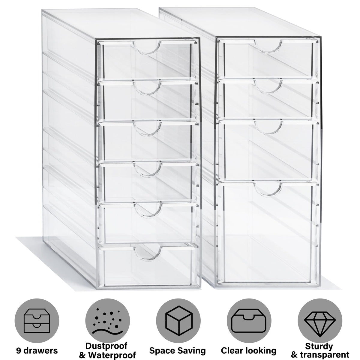 Prsildan Acrylic Drawer Makeup Organizer with 10 Drawers, Set of 2 Office Desk Organizers Accessories, Clear Stackable Storage Drawers for Vanity, Countertop, Craft, Jewelry, Art Supply Organization