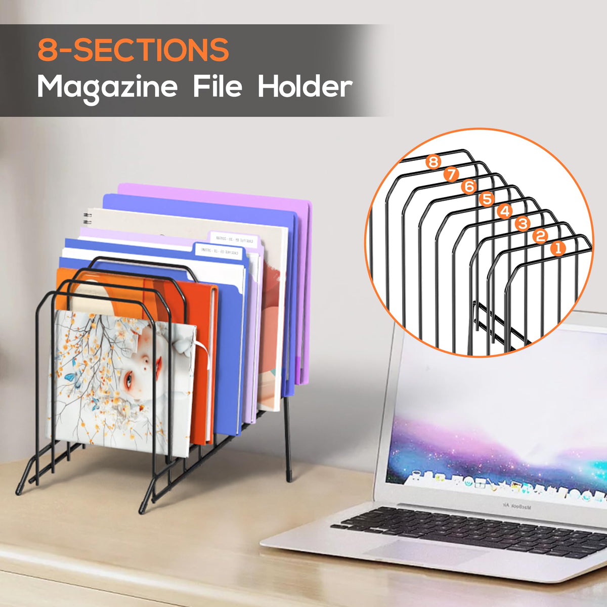 Gawerk Incline Metal Desk Magazine Folder Holder, Sorter Desk File Organizer with 8-Section Vertical Compartments Rack File Organizer for Office, Home, School (2 Pack)