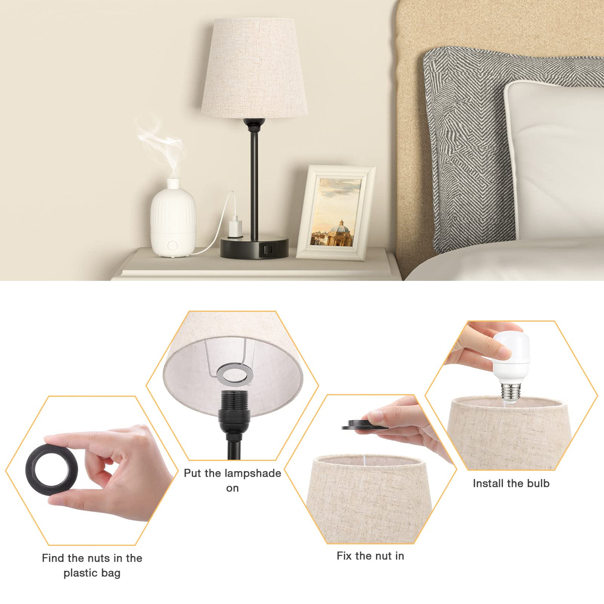 Mini Bedside Lamps for Bedrooms Set of 2 - Nightstand Bedroom Lamps with USB C Port and AC Outlet Charging, Dimmable Touch Small Bed Side Table Lamp, Black Night Stand Light for Kids/Guest Room