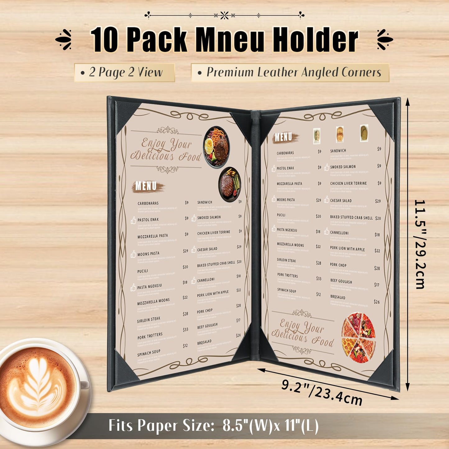 FLKQC Restaurant Menu Holders 8.5" x 11", Pack of 10 Synthetic Leather Double Panel Book Style with Angled Corners, Black