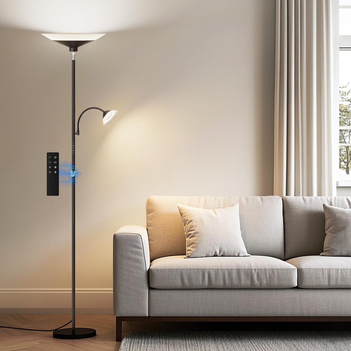 SIBRILLE Upgraded 2-in-1 Torchiere Floor Lamp, Dimmable Standing Lamp with Remote&Button Control, 34W Brightness Adjustable Floor Reading Light, Black Modern Corner Lamp for Living Room Bedroom Office