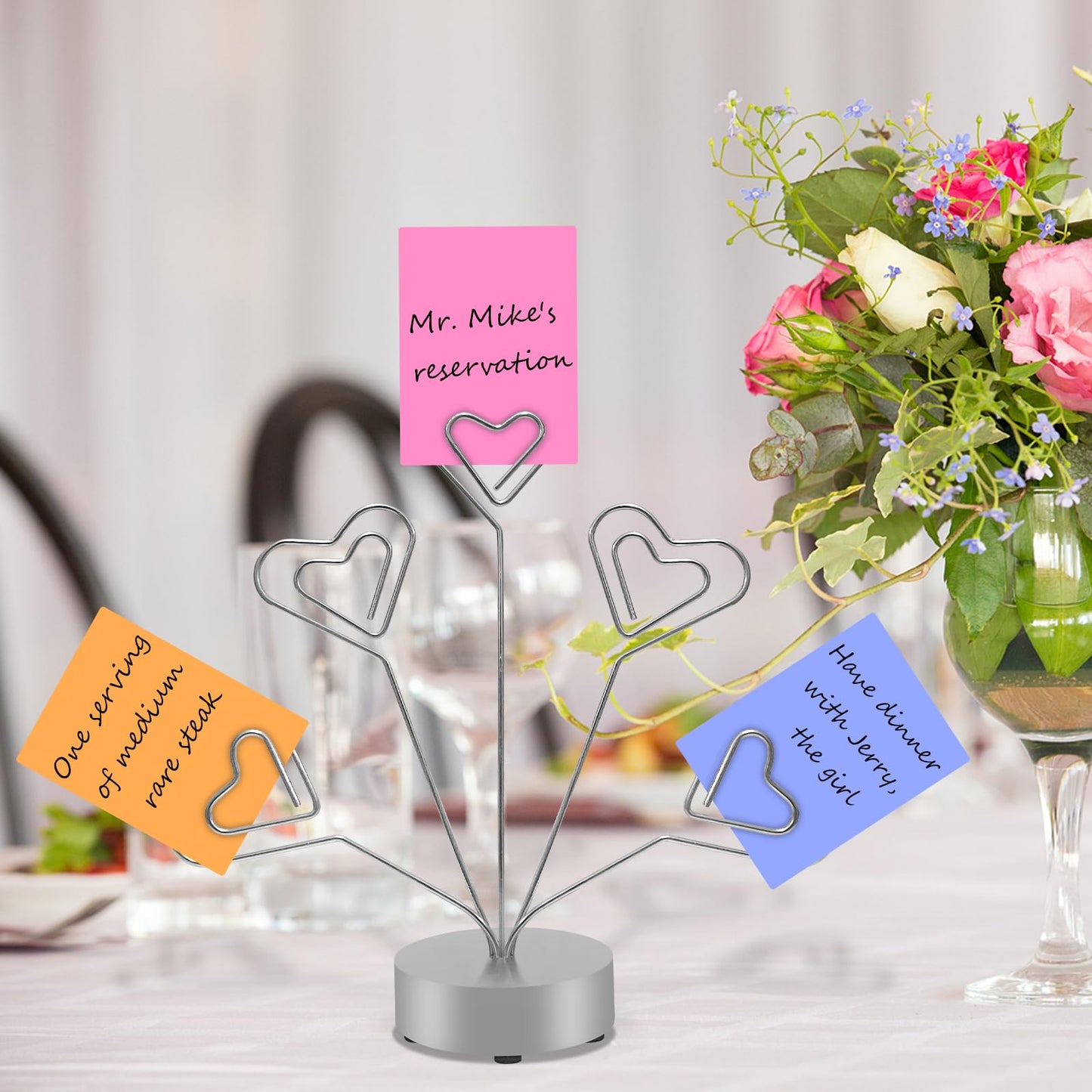 FaitAtten Desktop Heart-Shaped Photo Tree Style Holders Round Base,5-Branch Family Picture Frame Clips Holder Desk Card Display Stand for Christmas,Wedding, Birthday Party,Gift Silver