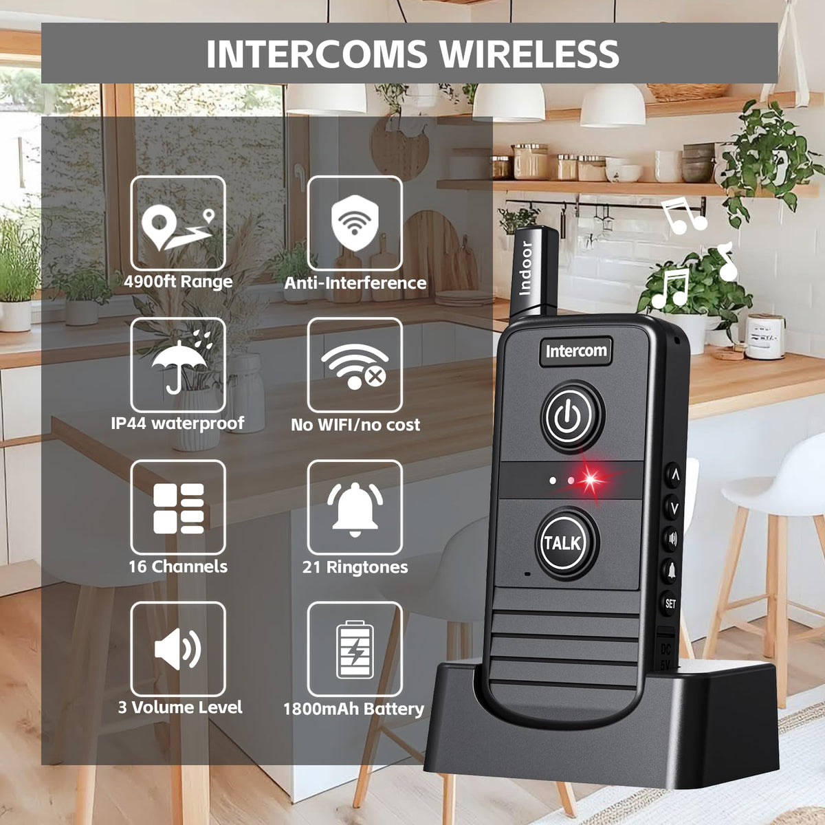 PANDAAR Two-Way Real-time Intercom, Intercoms Wireless for Home 4900ft Long Range, Room to Room Communication System for Elderly, Wireless Intercom System for Home Business Office, 2 Pack