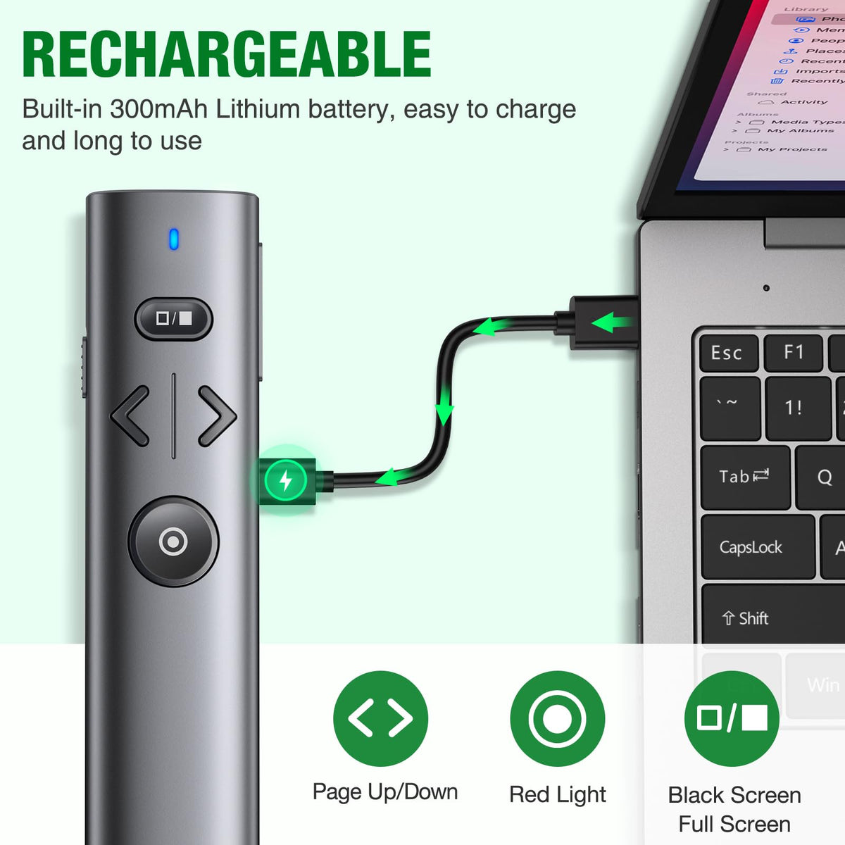 Wireless Presentation Clicker with Green Laser Pointer, Volume Control USB Type C Slide Presenter Remote for Keynote/PPT/Mac/PC/Laptop Office