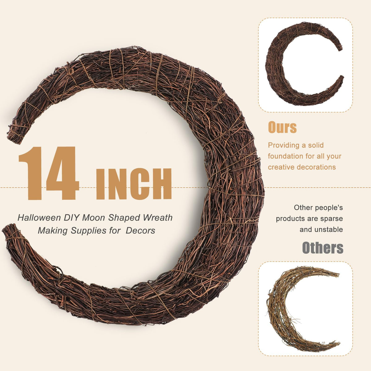 Temfmy Moon Wreath - 14 Inch Crescent Moon Natural Grapevine Wreaths Base - DIY Half Moon Shaped Wreath Making Supplies for Decor - 2 Pack