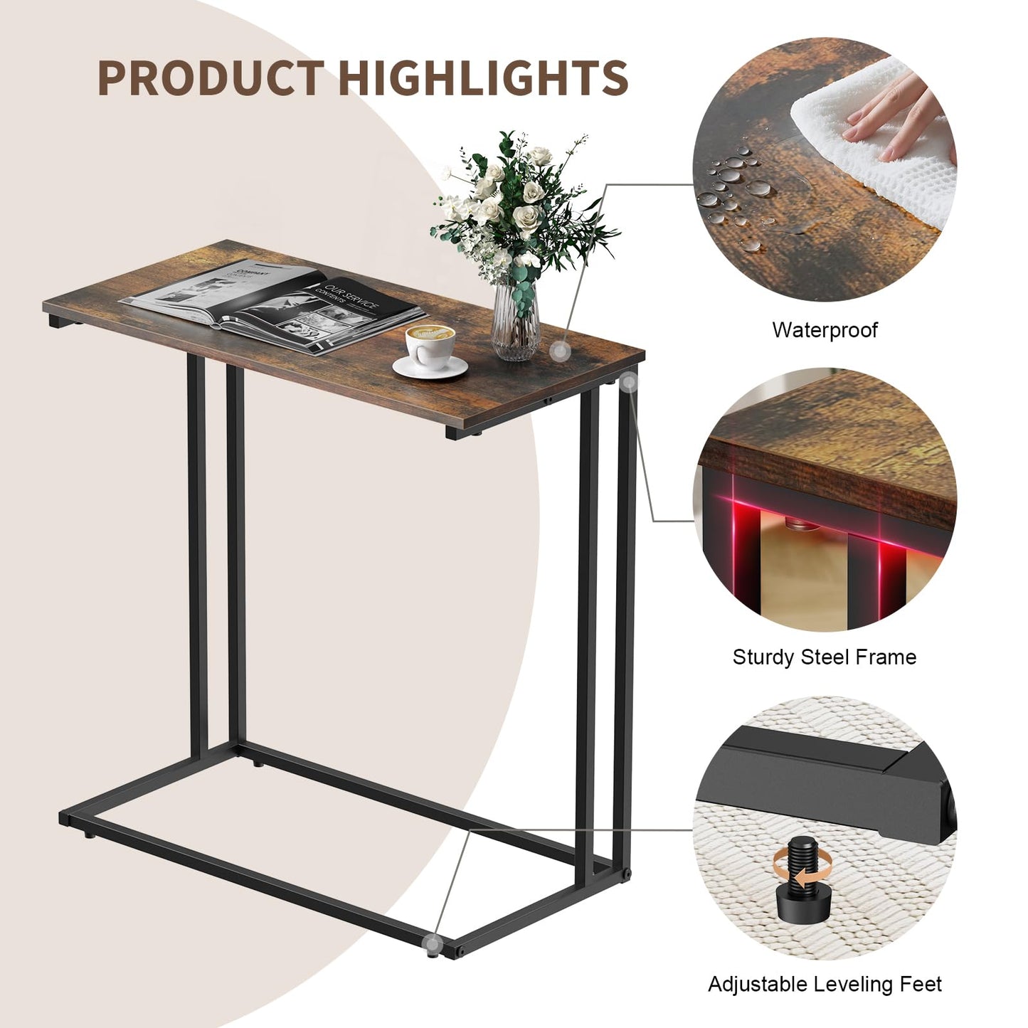 CAMOAT C-Shaped Side Table, Modern End Table with Metal Frame, Space Saving Design for Living Room，Large Surface Couch Table for Bedroom, and Home Office，24 x 12 x 24 inches (Brown)
