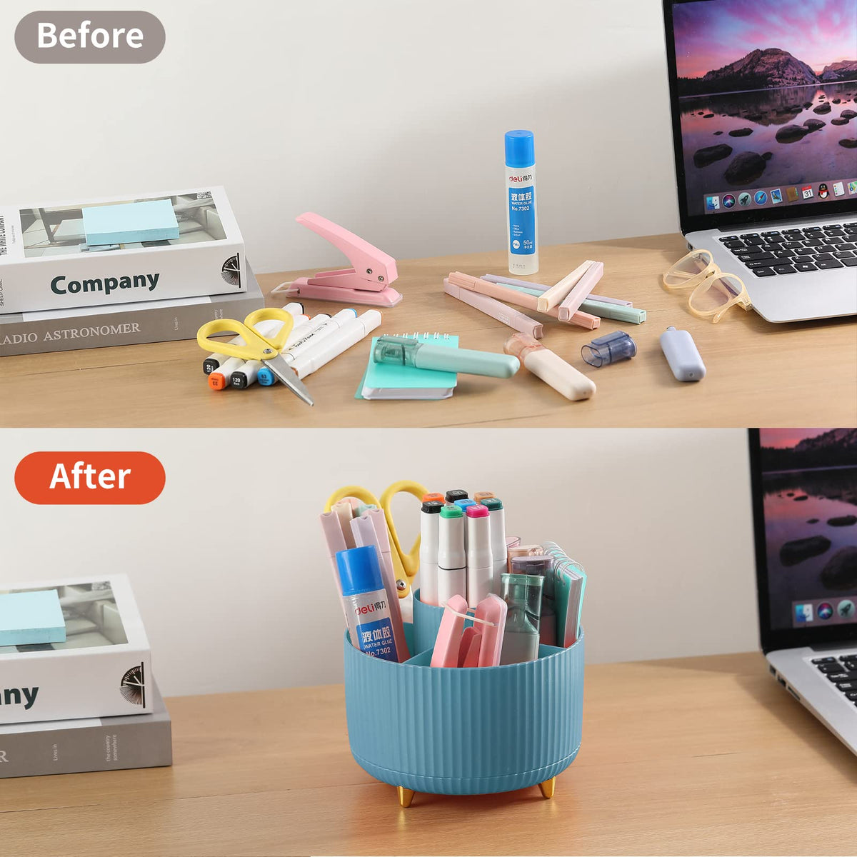 EDENMS Desk Pencil Pen Holder, 5 Slots 360°Degree Rotating Organizers for, Desktop Storage Stationery Supplies Organizer, Cute Cup Pot Office, School, Home, Art Supply, Blue