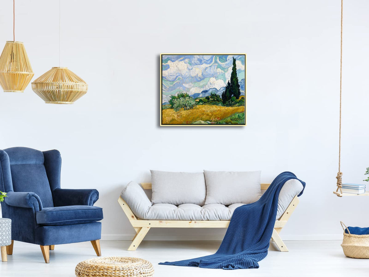 Wieco Art Framed Canvas Art Wheat Field with Cypresses by Van Gogh Impressionist Landscape oil Paintings Canvas Prints Artwork Wall Art for Living Room Home Office Decorations