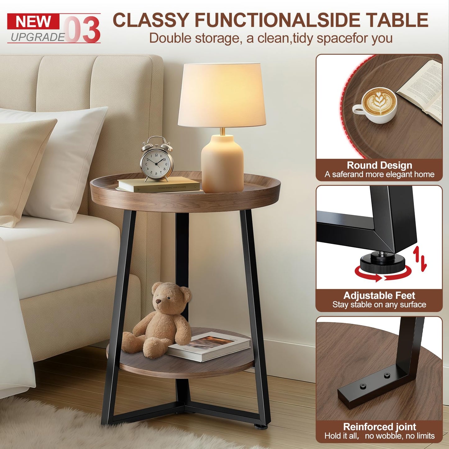 Round End Table, 2-Tier Tray Top Side Tables with Storage Shelf, Ultra Stable Coffee end Table/Nightstand, Modern Farmhouse Couch Table for Living Room, Bedroom, Bedside Stand or Small Spaces, Walnut