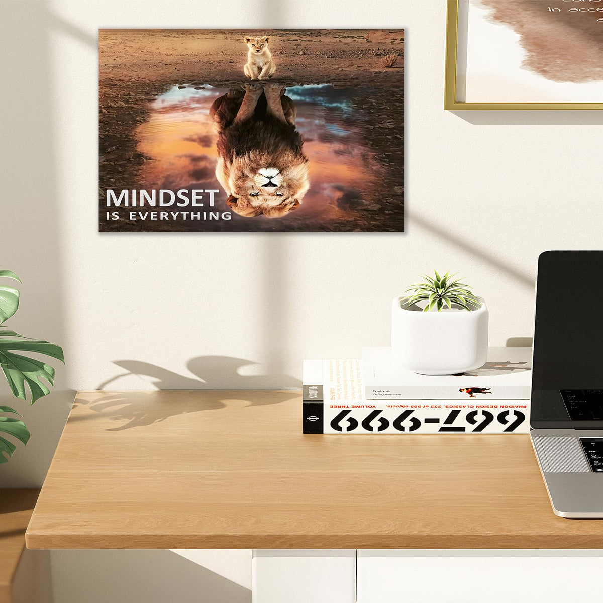 Mindset Is Everything Motivational Wall Art Inspirational Entrepreneur Quotes Posters Print Canvas Artwork Small Lion Big Lion Painting Picture for Home Office Framed Ready to Hang [18''W x 12''H]
