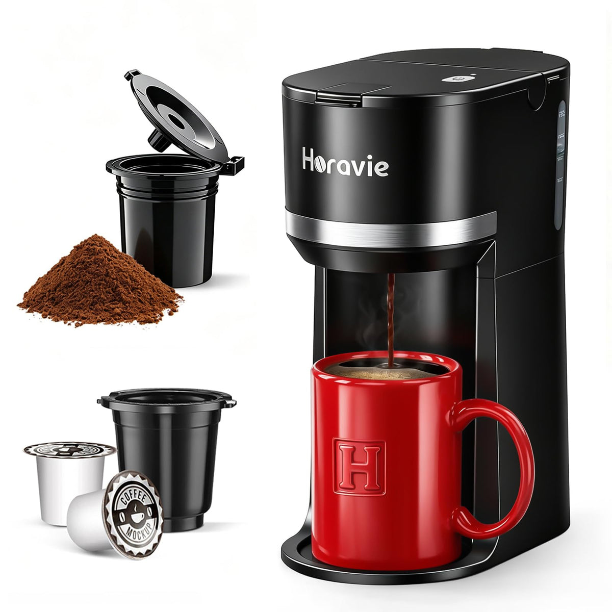 Horavie Small Single Serve Coffee Maker for K Cup and Grounds, Fast Brew One Cup Coffee Machine with One Button, 6 to 12 oz. Brew Sizes, Perfect for Home and Travel, Black