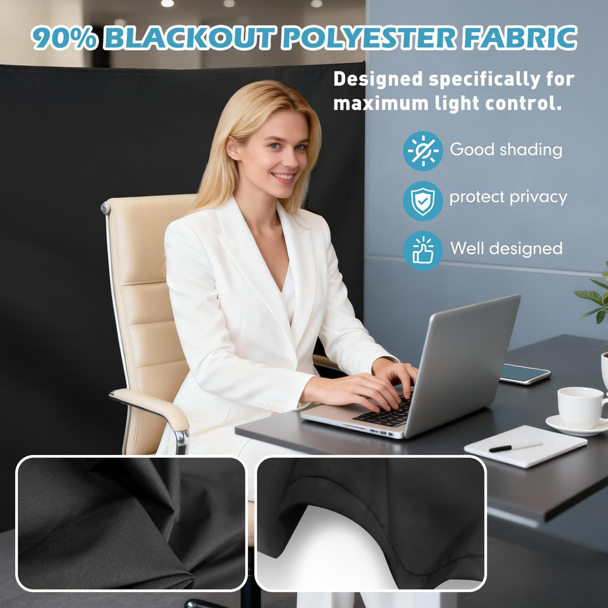 78 X 53 Inch Cubicle Curtain for Office, Blackout Privacy Curtains for Room Divider with Self Adhesive Hook Privacy Door Partition, Black