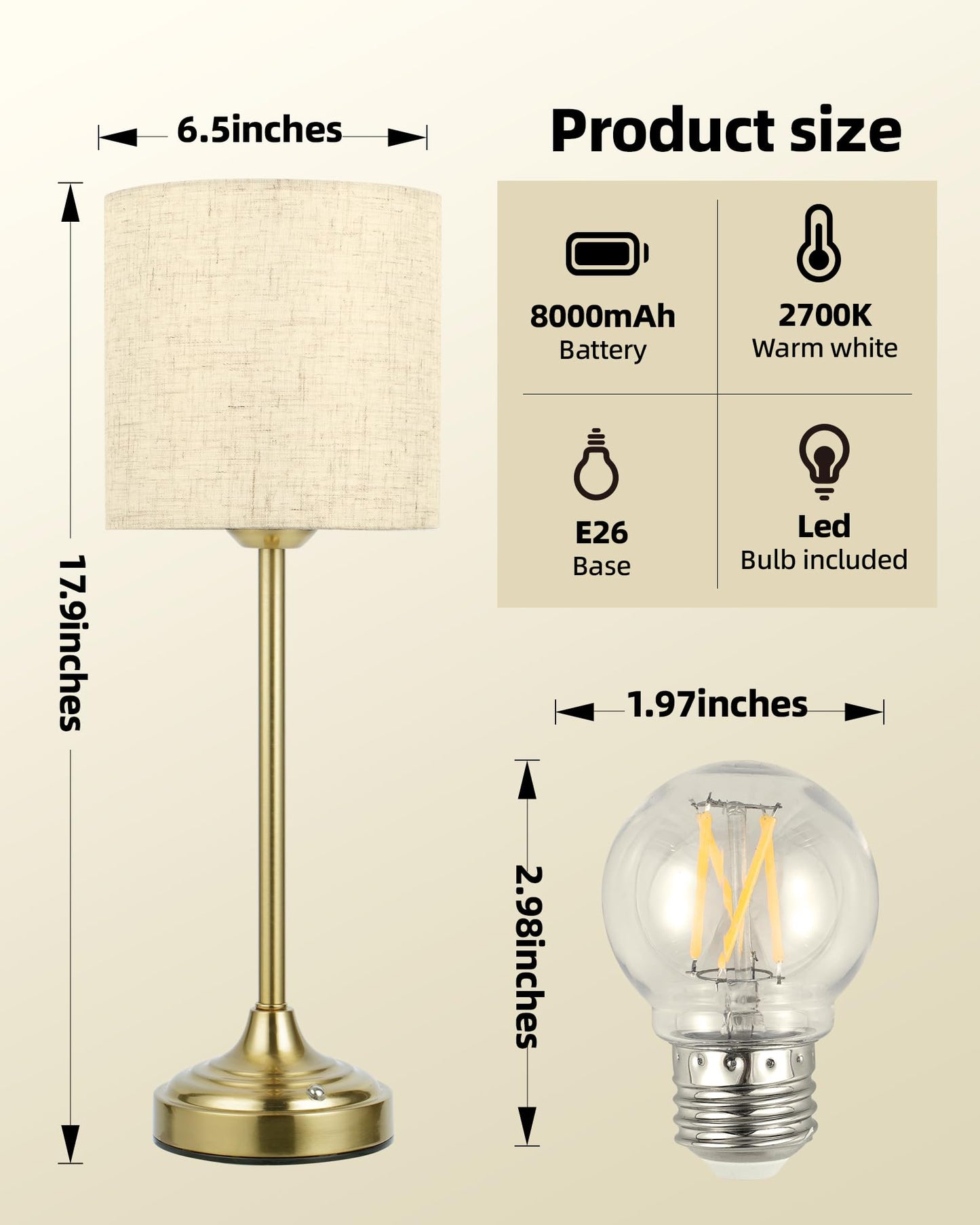 Cordless Table Lamp, 8000mAh, Dimmable, Ambient Light, 2700K, Touch Control, Portable, LED, Wireless, Rechargeable, Battery Operated, Desk Lamp, Kitchen Lamp, Fabric Shade, for Dining Room, Bedroom