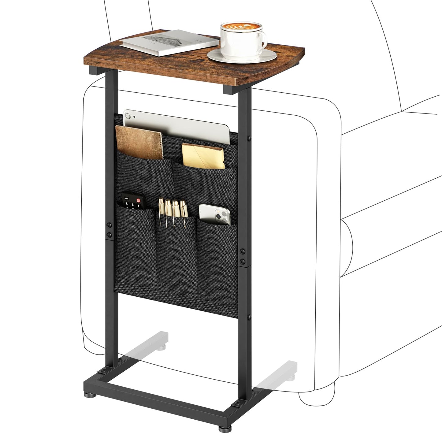 HOOBRO C Shaped End Table, 28.3" Side Table for Small Spaces, Couch Table with Storage Bag, Slide Under Sofa Side Table, for Living Room, Bedroom, Rustic Brown and Black BF40SF01