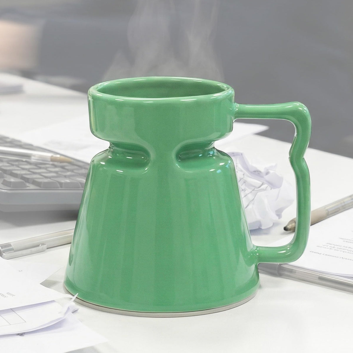 Wide Bottom Handmade Coffee Mug, Tip-Proof Ceramic Mug with Weighted Non-Slip Base, Stable Desk & Travel Mug for Office, RV & Boat, Retro Sci-Fi Design, Unique Appreciation Gift