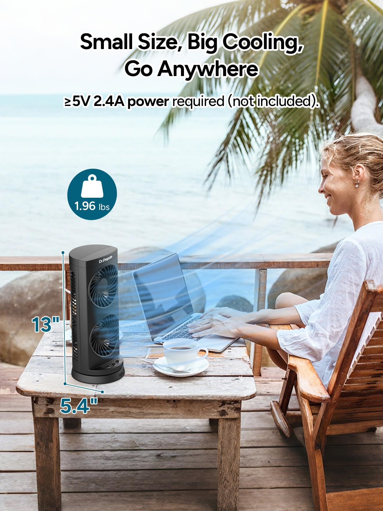DR.PREPARE Desk Fan USB DC Tower Cooling Fan with Remote Control, DC Motor Portable Oscillating Fan, 3 Speeds, Dual Air Circulation, 110° Oscillation, Table Fan for Bedroom Dorm Room Office Desktop