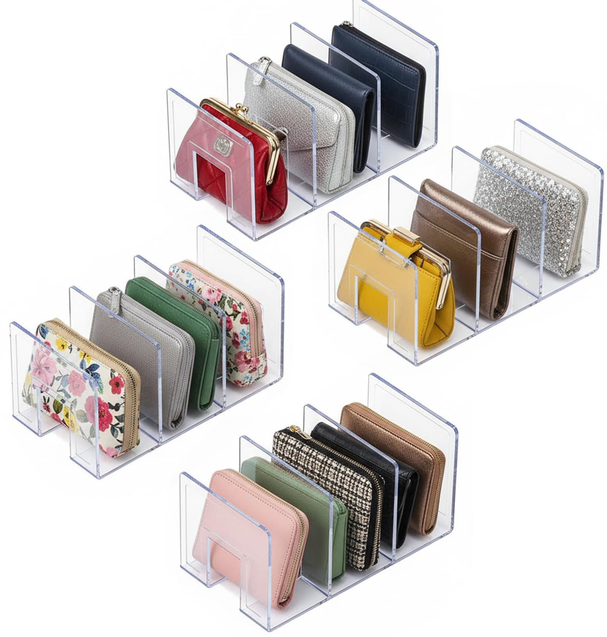 YAGELI Clear Acrylic Purse Organizer for Closet, 3-4 Section Desk File Sorter, 2.95" Wide Slots for Clutches, Handbags, Binders & Folders, Sturdy Stackable Bookshelf Organizer, 4-Pack (3 Sections)