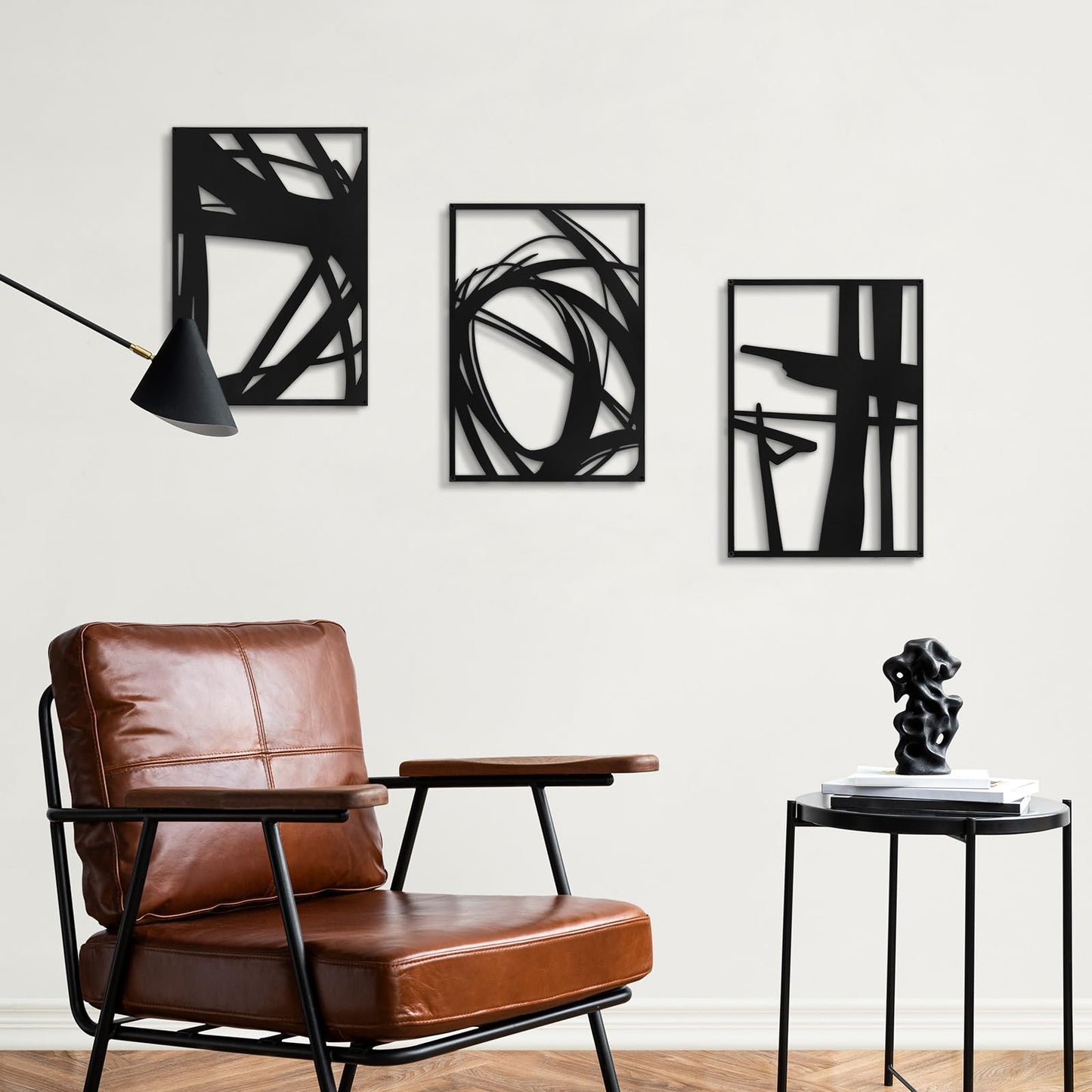 Pinetree Art Abstract Metal Wall Art Decor, 3 Pack Modern Wall Art, Minimalist Line Art Décor, 3D Textured Sculptures for Living Room Bedroom Bathroom (Black 11" x 16")