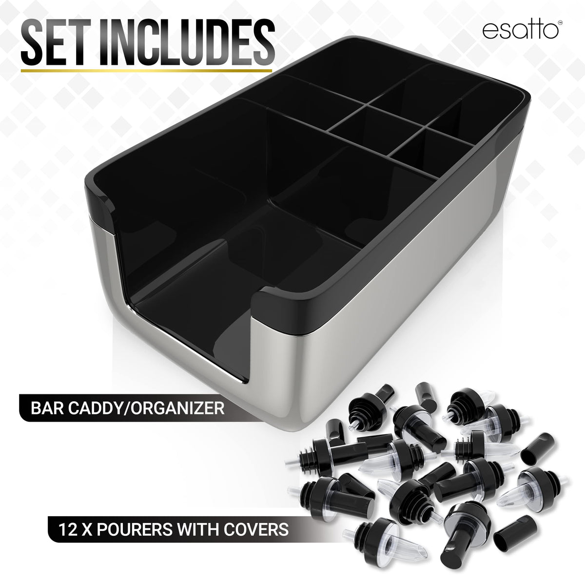 Esatto Professional Bar Products Premium Bar Caddy (Chrome), Used to Easily Organize Bar Items and Workspace, With Additional 12 Pourers For Precision Pouring and 12 Pourer Covers