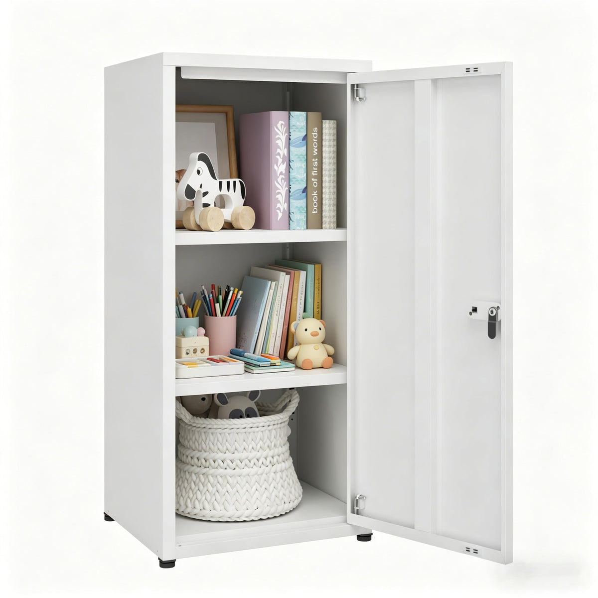 MIOCASA Metal Storage Cabinet with Lock, 3 Adjustable Shelves Single Door Steel Locker for Home, Office & Garage (White)